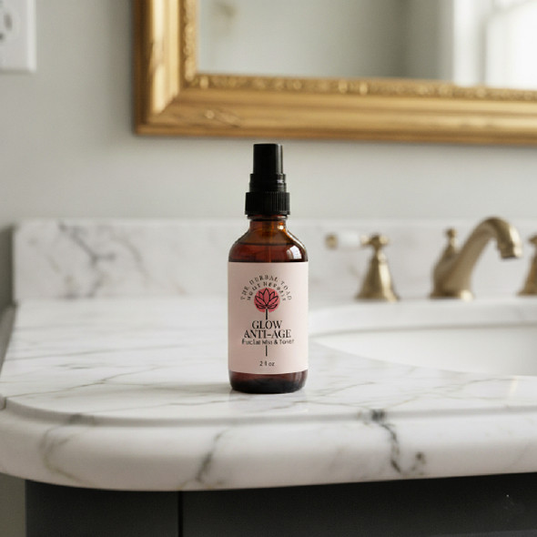 Glow Anti Age Mist 2 ounce bottle setting on bathroom counter