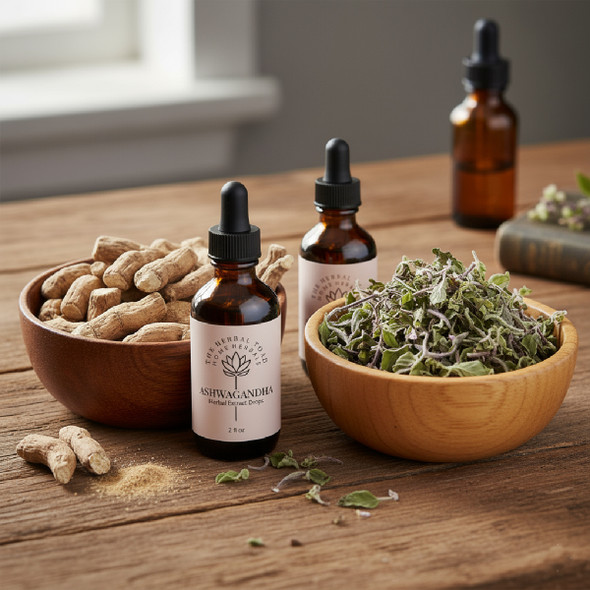 Table with a bowl of ashwagandha, a bowl of holy basil, and the cortisol herbal extract bundle