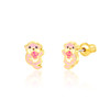 Pink otter enamel stud earrings holding a seashell shown from the front and angled side view.