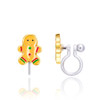 Front and side views of Girl Nation gingerbread man clip-on earring showing colorful enamel details and transparent silicone clip for non-pierced ears