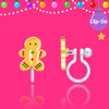 Girl Nation gingerbread man clip-on earring showing colorful hand-painted enamel design and flexible silicone clip for non-pierced ears