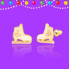 Front and side views of Girl Nation ice skate stud earrings showing detailed laces, pink floral accents, glitter enamel and surgical steel post