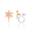 Front and side views of Girl Nation pink snowflake clip-on earring showing hand-painted enamel, gold-tone edging and flexible silicone clip for non-pierced ears