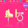 Girl Nation ice skate clip-on earring with white glitter enamel, pink floral accents, gold-tone details and soft silicone clip on festive pink background