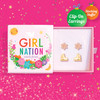 Girl Nation Snowflake & Ice Skate 2-Pair Clip-On Earring Gift Set with four hand-painted enamel winter earrings in one pink jewelry gift box