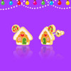 Pair of Girl Nation gingerbread house stud earrings with hand-painted enamel, candy cane decorations, pink windows and shiny gold-tone outlines on purple background