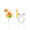 Front and side views of Girl Nation gingerbread house clip-on earring showing colorful enamel details, gold-tone edging and flexible silicone clip for non-pierced ears