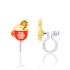Front and side views of Girl Nation hot cocoa clip-on earring showing colorful candy cane details, hand-painted enamel and transparent silicone clip for non-pierced ears