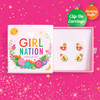 Girl Nation Gingerbread House & Hot Cocoa 2-Pair Clip-On Earring Gift Set with four hand-painted enamel Christmas earrings displayed in one pink jewelry gift box