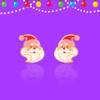 Pair of Girl Nation Santa Claus face stud earrings with hand-painted enamel, rosy cheeks, pink and red Christmas hats and flowing white beards on purple background