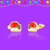 Front and side views of Girl Nation Santa hat stud earrings showing glittery red enamel, green holly leaves, red jewel accent, surgical steel post and earring back
