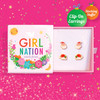 Girl Nation Santa & Santa Hat 2-Pair Clip-On Earring Gift Set with four hand-painted enamel Christmas earrings displayed in one pink jewelry gift box