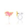 girl nation pink glitter dolphin clip-on earrings shown from the front and side, highlighting the comfortable clip-on backing.
