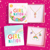 Girl Nation necklace gift box packaging, colorful branded jewelry box showing example necklace presentation, ready for gifting