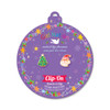 Merry & Bright Santa and Christmas tree clip-on earrings displayed on purple Girl Nation ornament gift card
