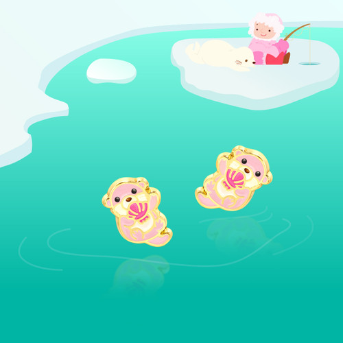 Pink otter enamel stud earrings holding a seashell displayed on an arctic-themed illustrated background.