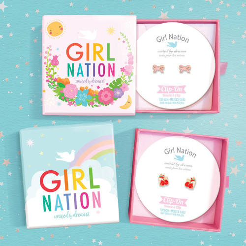 Girl Nation clip-on earrings presented in a reusable gift box with signature keepsake packaging