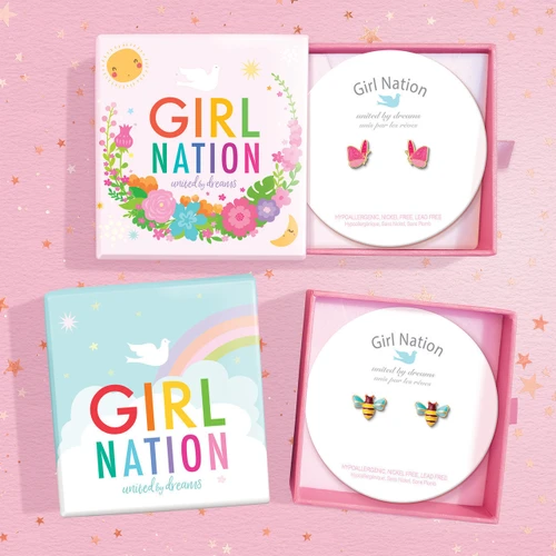 Earrings arrive in an adorable Girl Nation Jewelry Gift Box.