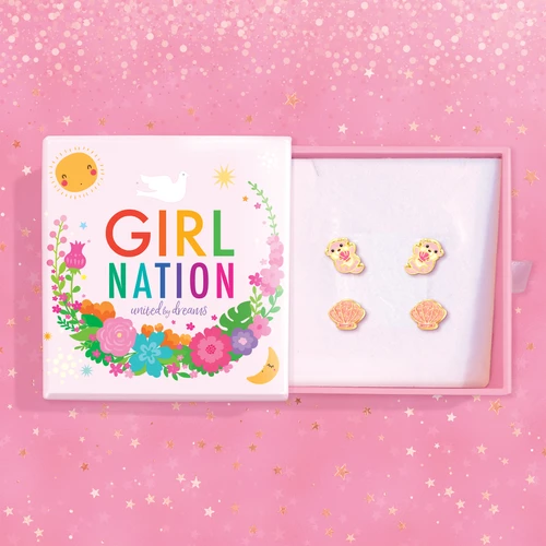 Girl Nation Otter & Seashell Earring Gift Set in Girl Nation Pink Box