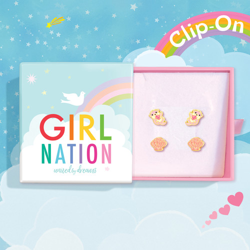 Girl Nation Otterly Shellsome Clip On Earring Gift Set for Girls in Blue Jewelry Gift Box