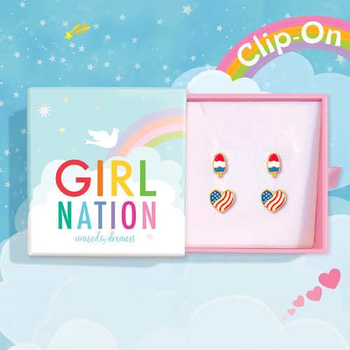Girl Nation Red, White & Cute 4th of July Clip On Earring Set in Girl Nation Jewelry Gift Box