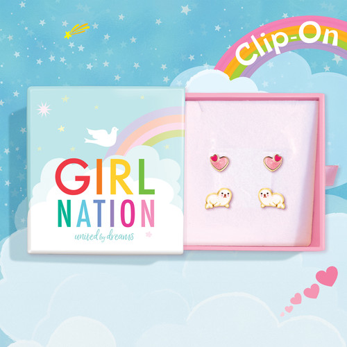 Seal of Love Seal & Heart Clip On Earring Gift Set in Blue Girl Nation Earring Gift Box