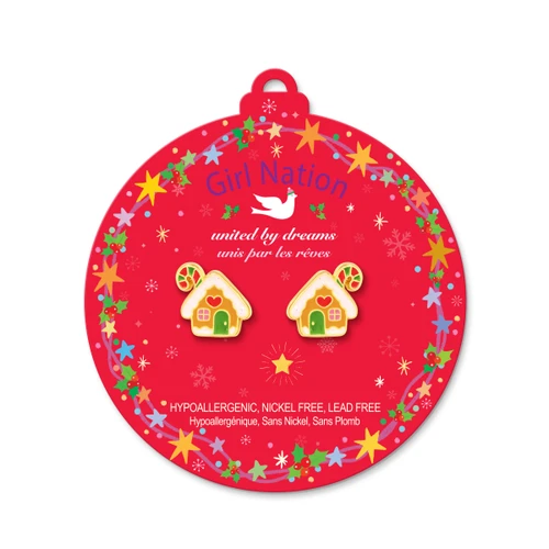 Gingerbread House Stud Earrings on ornament card
