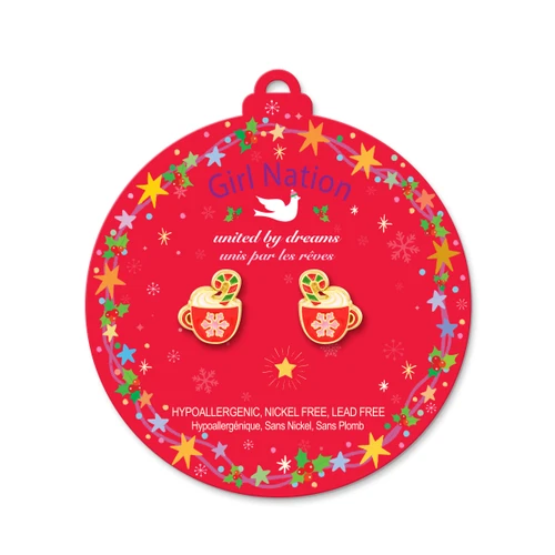 Holiday Hot Cocoa Stud Earrings on Ornament Card