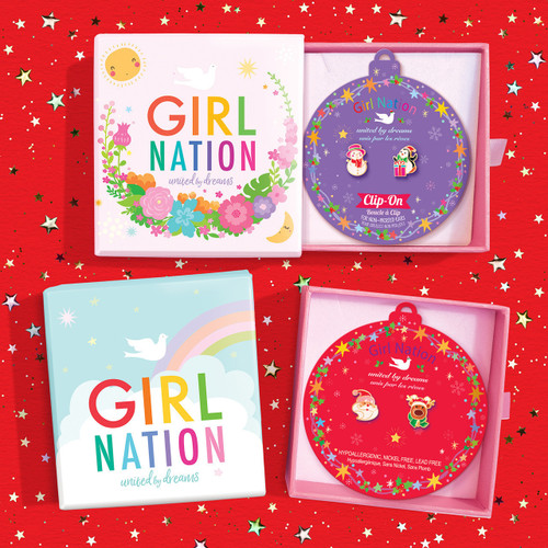 Earrings come on festive ornament card in Girl Nation Jewelry Gift Box