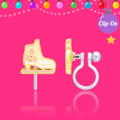Girl Nation Ice Skates Clip-On Earrings showing enamel ice skate design and transparent silicone clip