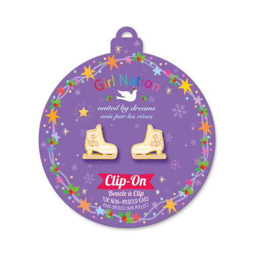 Girl Nation Ice Skates Clip-On Earrings on purple Christmas ornament gift card