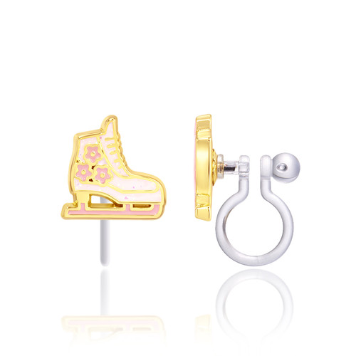 Girl Nation Ice Skates Clip-On Earrings showing enamel ice skate design and transparent silicone clip on white background