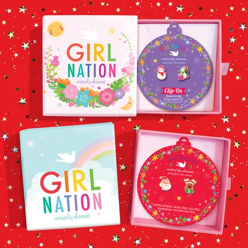 Girl Nation Christmas earrings displayed in colorful holiday jewelry gift boxes