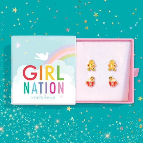 Girl Nation Gingerbread Man & Hot Cocoa 2-Pair Stud Earring Gift Set with four hand-painted enamel Christmas earrings in one jewelry gift box.