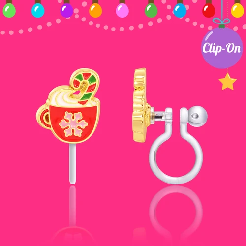 Girl Nation hot cocoa mug clip-on earring with hand-painted enamel, whipped cream, candy cane, pink snowflake decoration and soft silicone clip on festive pink background