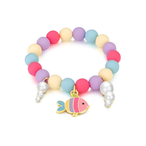 Girl Nation Rainbow Fish charm bracelet with colorful beads and pearl-like bubble charms