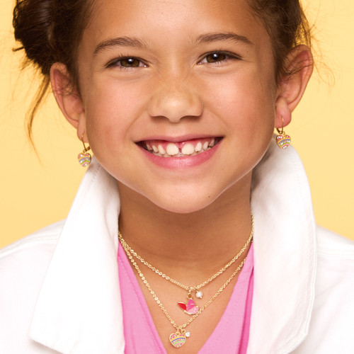 Crystal Rainbow Heart Leverback Earrings on girl Crystal Rainbow Heart Leverback Earrings on girl