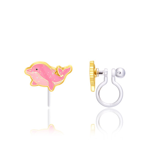 girl nation pink glitter dolphin clip-on earrings shown from the front and side, highlighting the comfortable clip-on backing.