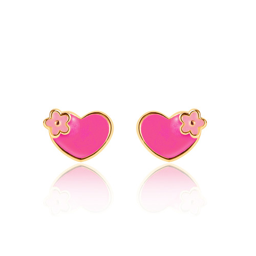 Pair of heart and flower enamel stud earrings with gold-tone trim on white background