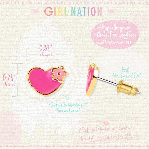 pink heart and flower enamel stud earrings size guide with size guide with dimensions, 316L stainless steel posts