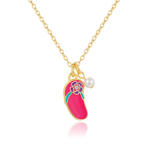 Girl Nation Sweet Petite Crystal Flip Flop Necklace, gold chain with pink enamel flip flop charm, crystal flower detail and pearl accent