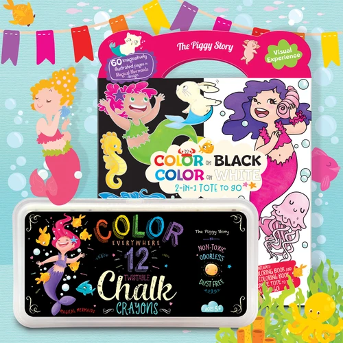 Magical Mermaid black and white coloring books with Color Everywhere Chalk Crayons