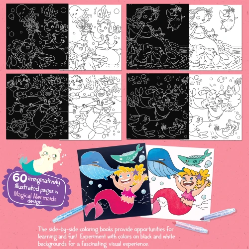 Magical Mermaid black and white coloring page examples showing matching illustrated designs