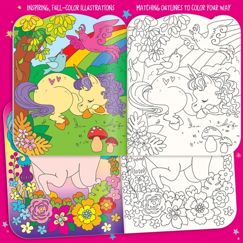 Unicorn dry erase coloring book pages with full-color illustrations and matching wipe-clean coloring pages