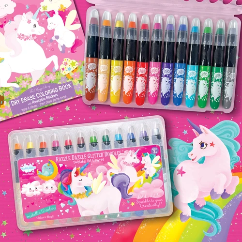Unicorn dry erase coloring book with 12 metallic glitter gel crayons in a colorful kids activity set