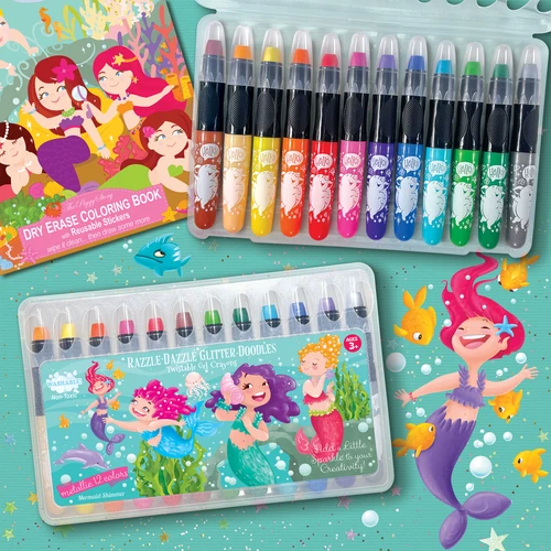 Mermaid dry erase coloring book with 12 metallic glitter gel crayons in a colorful kids activity set
