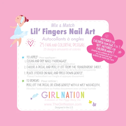 Back of Girl Nation Pretty Ballerinas Lil' Fingers Nail Art package with instructions