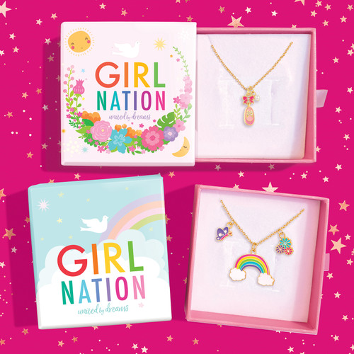 Necklaces come housed in Girl Nation Jewelry Gift Box Necklaces come housed in Girl Nation Jewelry Gift Box