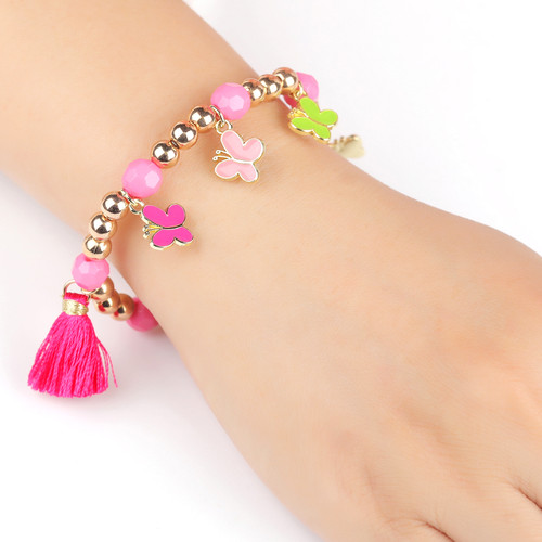 Butterfly Kaleidoscope Beaded Bracelet with Pink Tassel Butterfly Kaleidoscope Beaded Bracelet with Pink Tassel