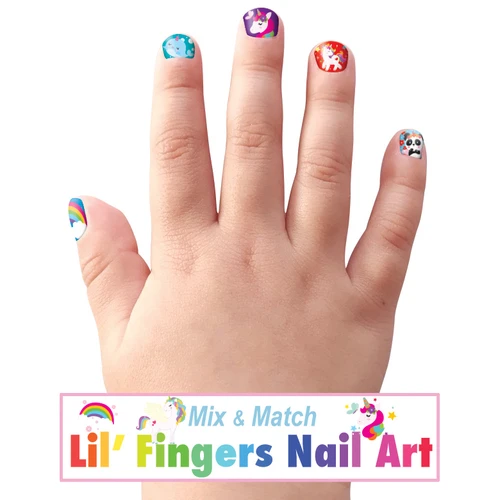 Unicorn Lil' Fingers nail stickers on child's hand